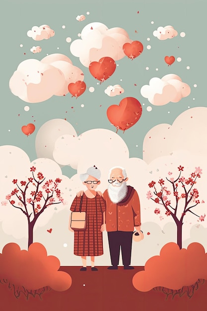 Feliz día de los abuelos, arte de línea limpia, estilo de amor de Valantine plano, generado por IA.