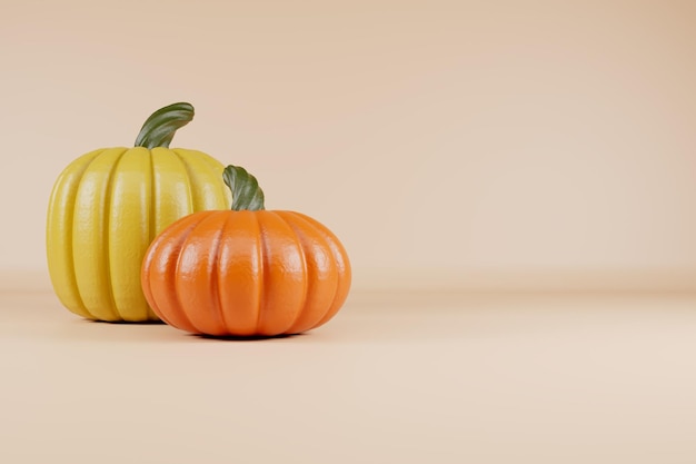 Feliz día de Acción de Gracias calabazas amarillas y naranjas sobre fondo marrón claro 3d render