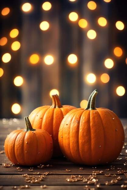 Feliz día de acción de gracias calabazas de halloween sobre mesa de madera con fondo de luces