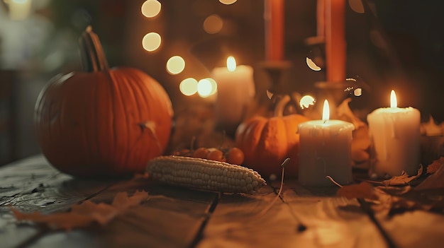 Feliz Día de Acción de Gracias de fondo mesa de madera decorada con calabazas de maíz vela AI generativa