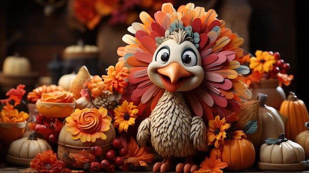 Feliz día de acción de gracias con pavo y decoración de otoño IA generativa