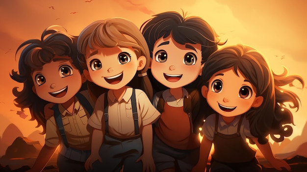 Feliz Día de la Amistad Ilustración de dibujos animados con niños y niñas