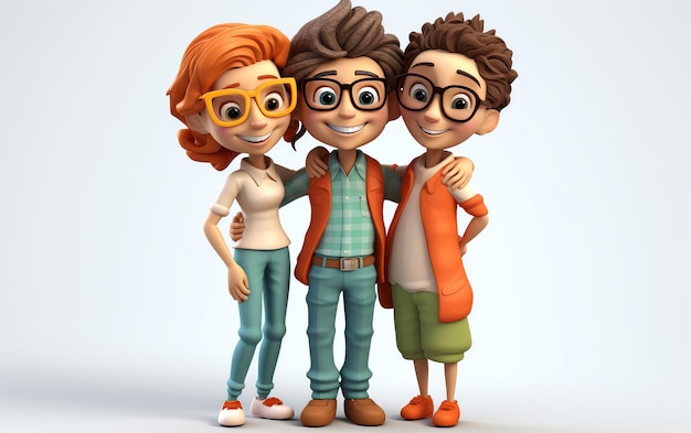 Feliz Día de la Amistad personajes de dibujos animados en 3d en renderizado de estudio