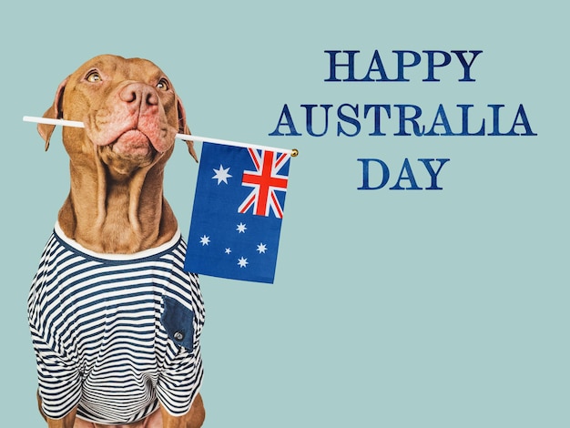 Foto feliz día de australia perro lindo y bandera australiana