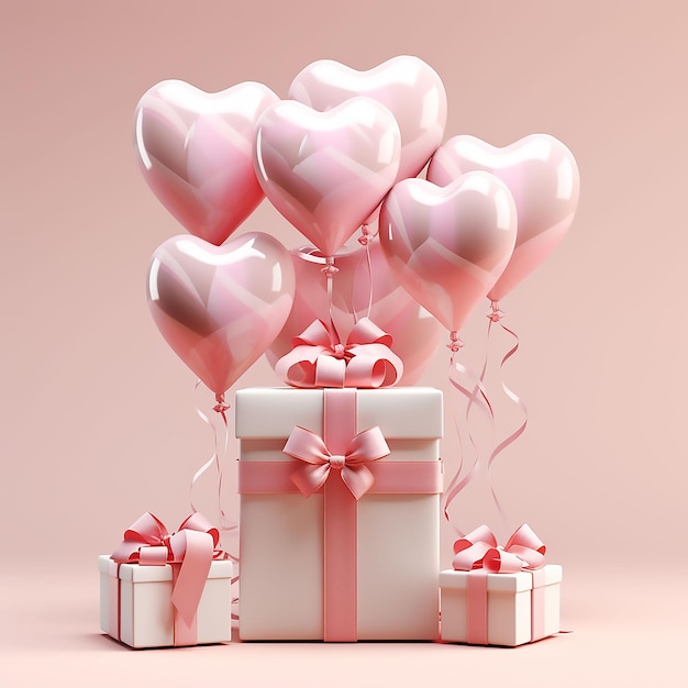 Feliz día blanco con globos de corazón de amor y caja de regalo.