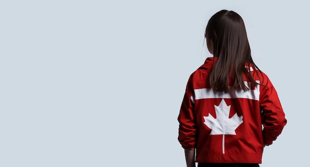 Feliz día de Canadá, pancarta o afiche publicitario Una niña con camisa de bandera canadiense