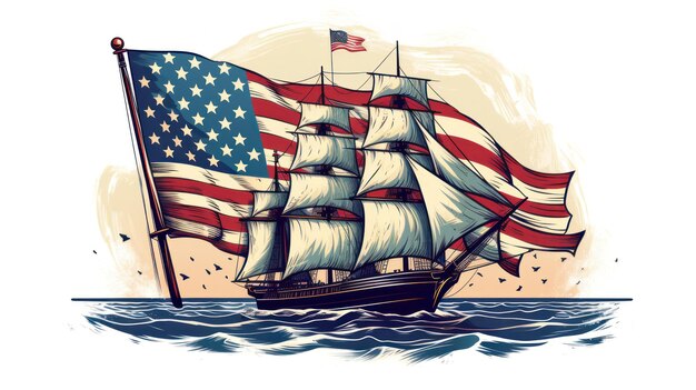 Foto feliz día de colón fiesta nacional estadounidense bandera de los estados unidos y caravella de veleros santa maría estilo vintage