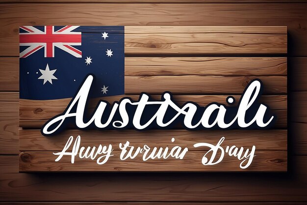 Foto feliz dia da austrália 26 de janeiro letras com bandeira em tábua de madeira caligrafia austrália tipografia