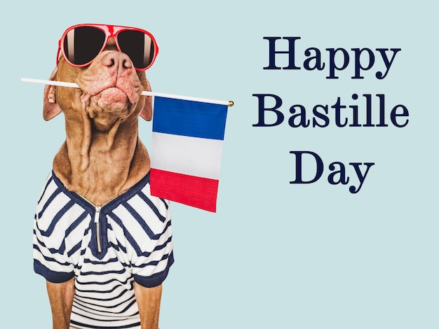 Feliz dia da Bastilha cão adorável e bandeira francesa