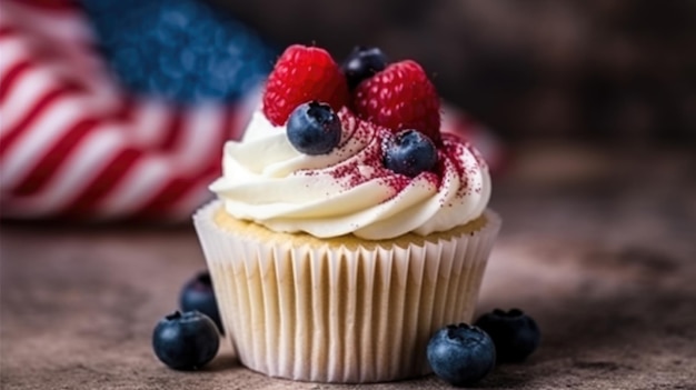 Feliz Dia da Independência, 4 de julho, fundo com bandeira americana e alimentos doces decorados com estrelas e confetes