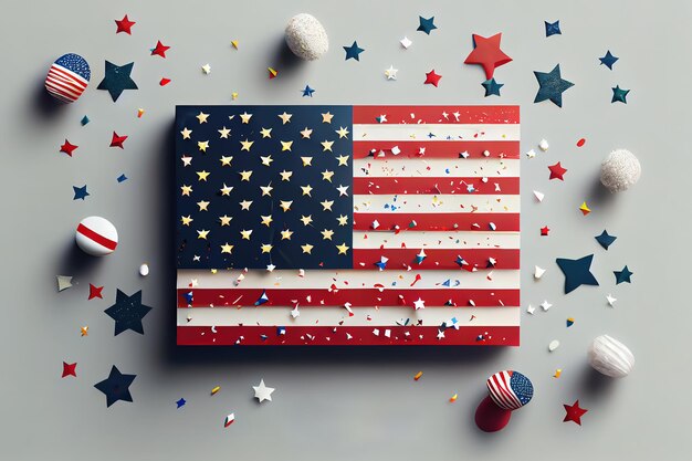 Feliz Dia da Independência, 4 de julho, maquete com mini bandeira americana decorada com estrelas Generative Ai