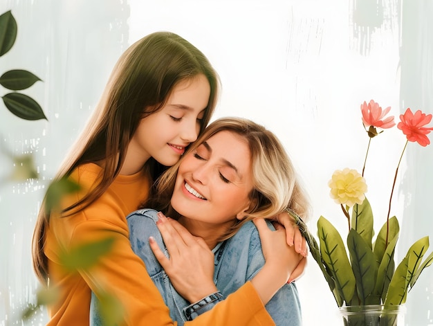 Foto feliz dia da mãe a filha do menino felicita as mães e dá-lhes flores