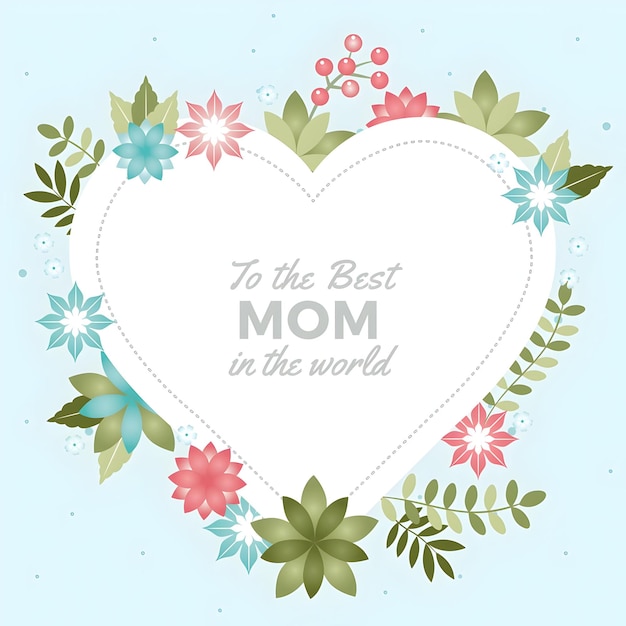 Feliz Dia da Mãe à melhor mãe do mundo cercada de belas flores e um coração.