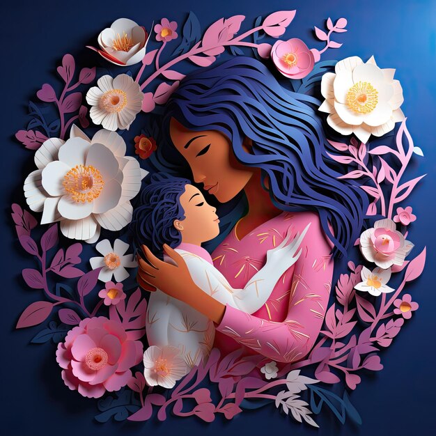 Feliz Dia da Mãe Mãe segurando e beijando a criança Mãe feliz e sua criança bonita decorada com papel cortado flores molduras escultura botânica moderna estilo de artesanato de papel floral