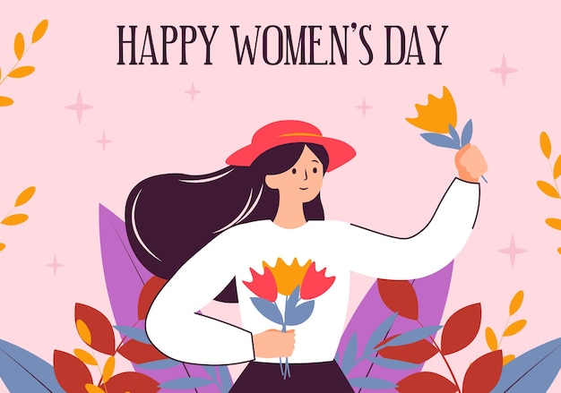 Feliz Dia da Mulher conceito de cartão postal em desenho de desenho animado plano Neste lindo cartão uma menina feliz