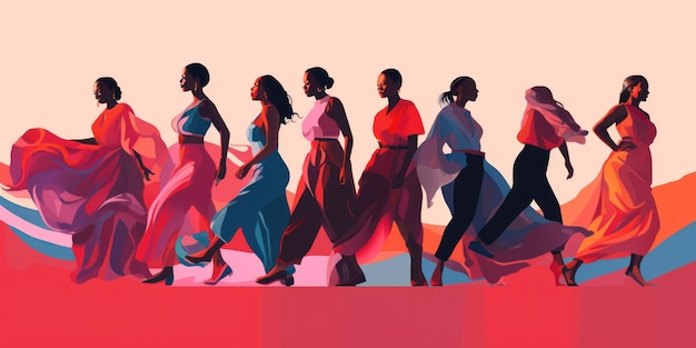 Feliz Dia da Mulher Mulheres de diferentes etnias e culturas estão lado a lado juntos e dançando