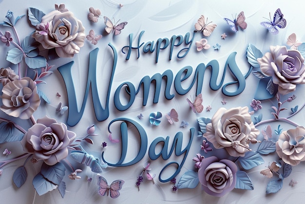 Feliz Dia da Mulher Tex com flores azuis e roxas