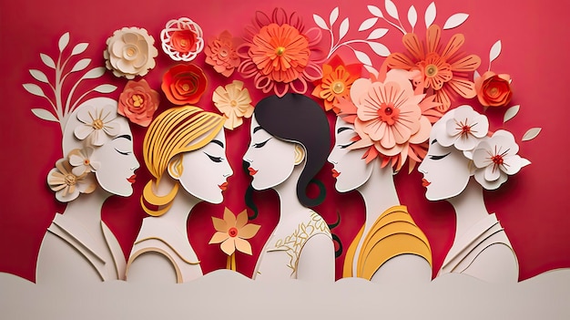 Feliz dia da mulher venda ilustração de arte em papel de mulheres em várias molduras de flores imagem AI