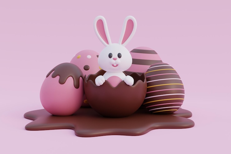 Foto feliz dia da páscoa coelhinho fofo com ovos de páscoa rosa e chocolate international spring celebration renderização em 3d
