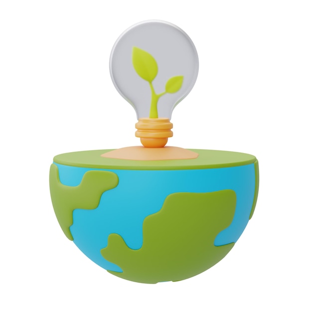 Feliz dia da terraglobo mundial com plantas jovens e lâmpadassalvar o planeta e os conceitos de energiadesenvolvimento de energia sustentável3d