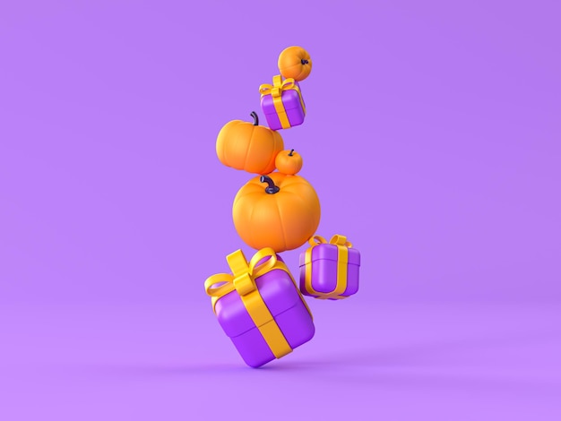 Feliz dia das bruxas com abóboras jackolantern e caixas de presentes flutuando sobre fundo roxo tradicional