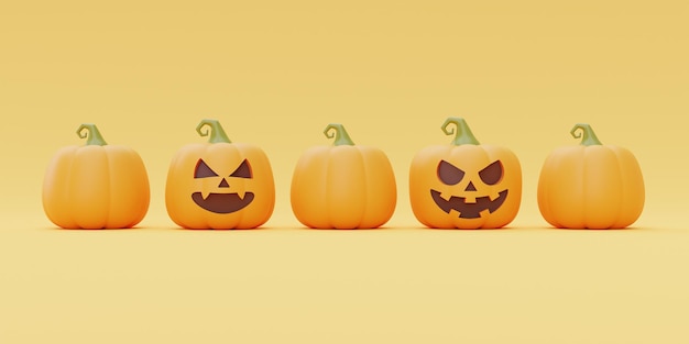 Feliz Dia das Bruxas com abóboras JackoLantern em fundo amarelo tradicional feriado de outubro renderização em 3d