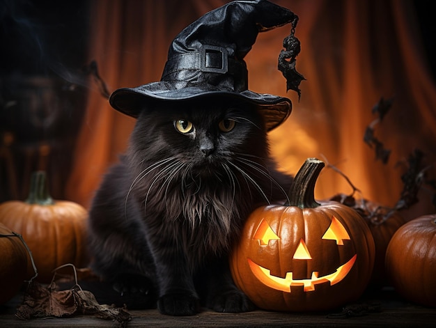 feliz dia das bruxas com cartaz de gato preto e jack o lantern