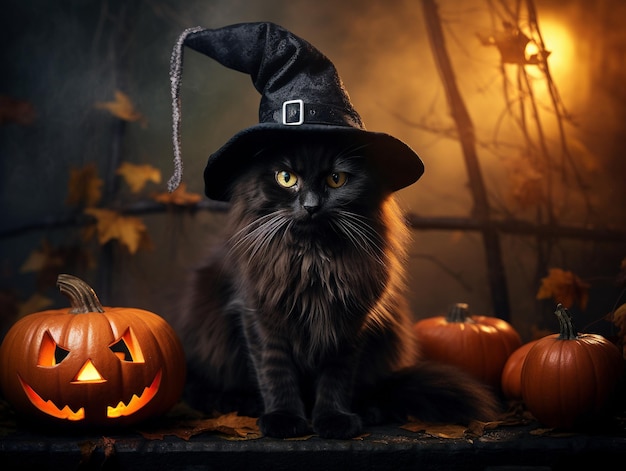 feliz dia das bruxas com cartaz de gato preto e jack o lantern