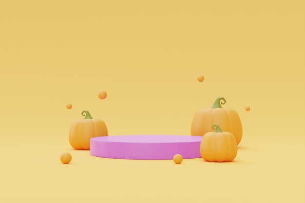 Feliz Dia das Bruxas com exibição de pódio e abóboras JackoLantern e caixas de presente em fundo amarelo tradicional feriado de outubro renderização em 3d