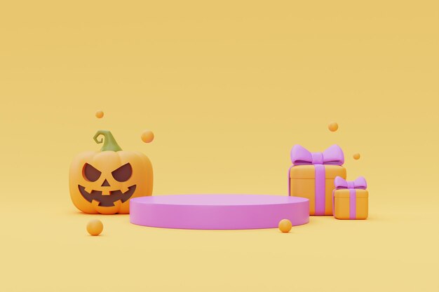 Feliz dia das bruxas com exibição de pódio e abóboras jackolantern e caixas de presente em fundo amarelo tradicional feriado de outubro renderização em 3d