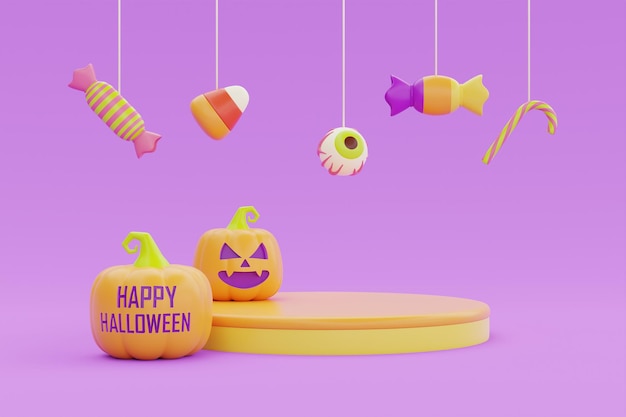 Feliz Dia das Bruxas com exibição de pódio e abóboras JackoLantern e doces coloridos em fundo roxo tradicional feriado de outubro renderização em 3d