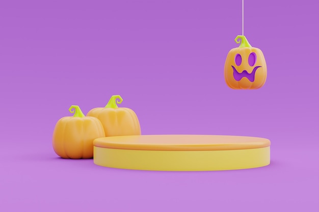 Feliz dia das bruxas com exibição de pódio e abóboras jackolantern em fundo roxo tradicional feriado de outubro renderização em 3d