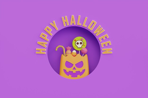 Feliz dia das bruxas com saco de abóbora jackolantern cheio de doces coloridos e doces em fundo roxo tradicional feriado de outubro renderização em 3d