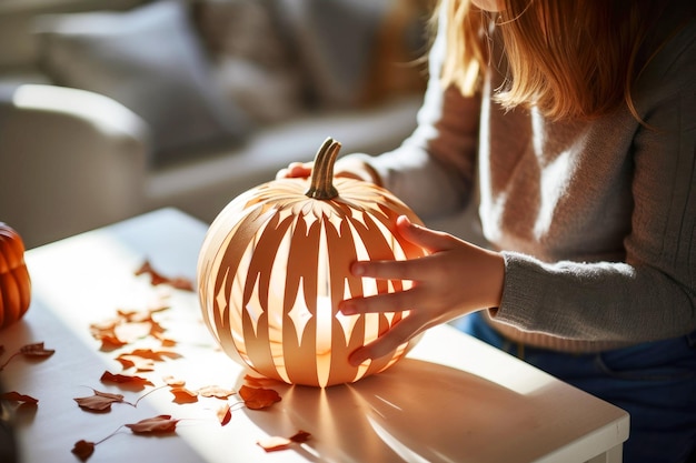 Feliz dia das bruxas criando criança esculpindo papel jacko'lantern