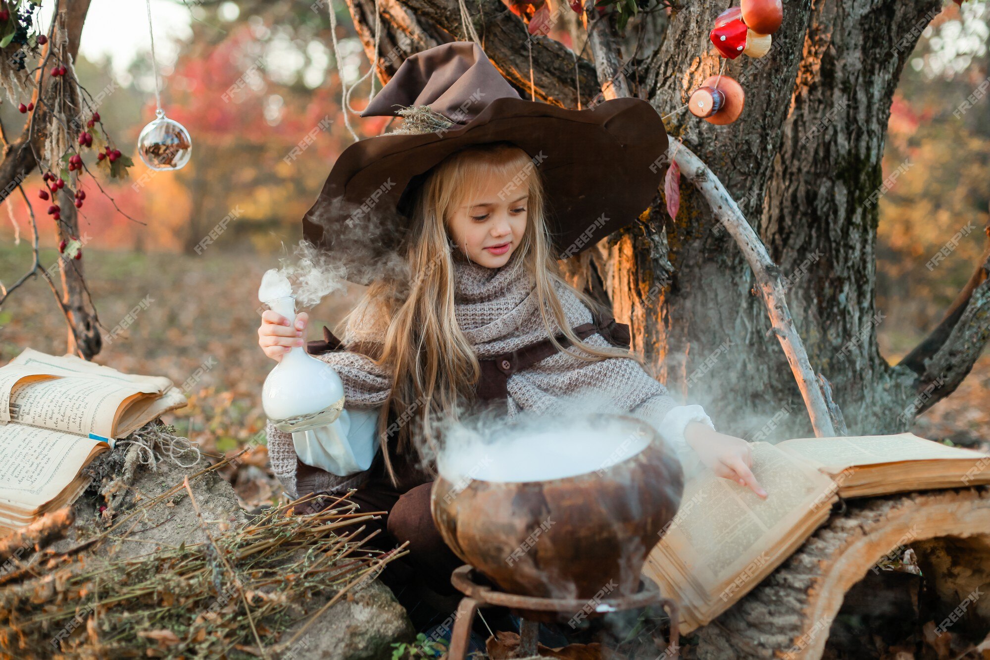 Foto de Feliz Dia Das Bruxas Uma Bruxa Alegre E Fofa Com Livro De Feitiços  E Vassoura e mais fotos de stock de 8-9 Anos - iStock