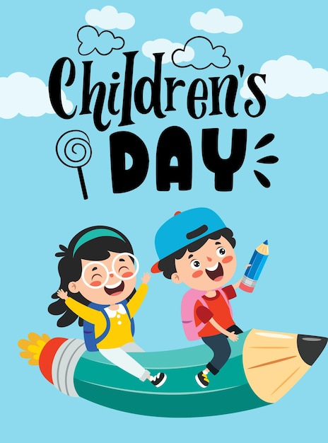 Feliz Dia das Crianças Vector doodle desenho animado crianças aviões balões modelo de cartaz