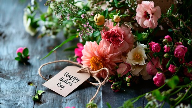 Feliz Dia das Mães cartão e flores foco seletivo