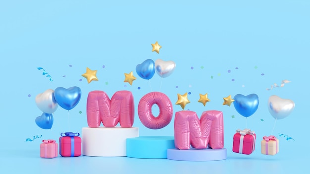 Feliz dia das mães Celebração Balloon Mom text no pódio com caixa de presente amor coração renderização em 3D