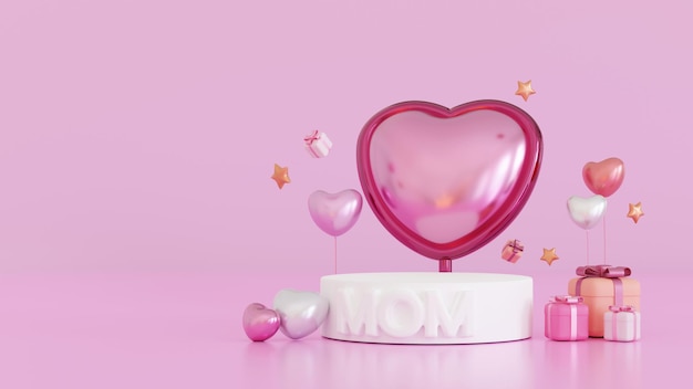 Feliz dia das mães Celebração Balloon Mom text no pódio com caixa de presente amor coração renderização em 3D
