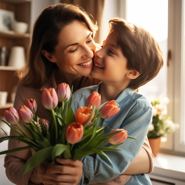 feliz dia das mães filho filho felicita a mãe no feriado e dá flores