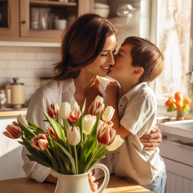 feliz dia das mães filho filho felicita a mãe no feriado e dá flores