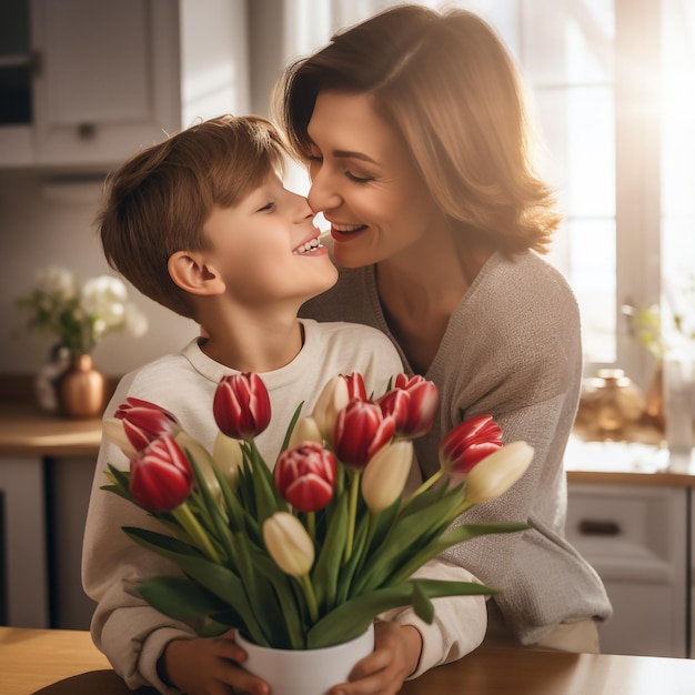 feliz dia das mães filho filho felicita a mãe no feriado e dá flores