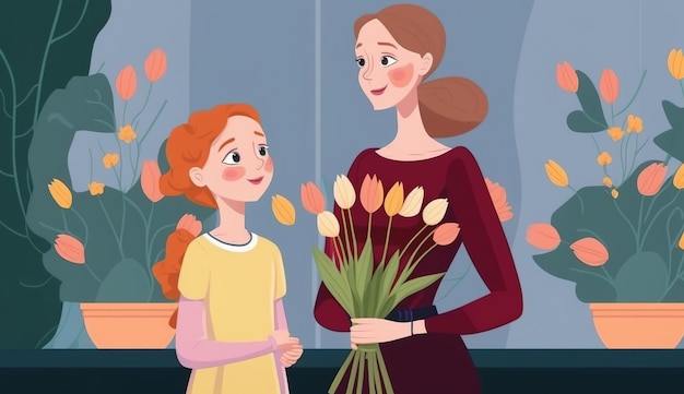 Feliz Dia das Mães fundo com flores Linda jovem mãe com flores e caixa de presente
