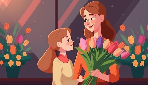 Feliz Dia das Mães fundo com flores Linda jovem mãe com flores e caixa de presente