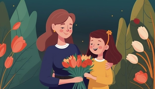 Feliz Dia das Mães fundo com flores Linda jovem mãe com flores e caixa de presente