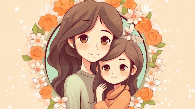 Feliz dia das mães linda mãe e filha personagem pai e filho com fundo de flores