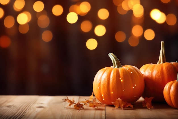 Feliz Dia de Ação de Graças Halloween abóboras em mesa de madeira com luzes de fundo