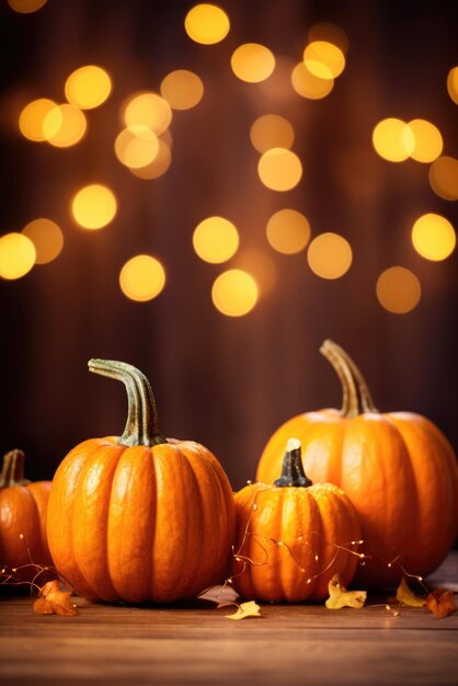 Feliz Dia de Ação de Graças Halloween abóboras em mesa de madeira com luzes de fundo