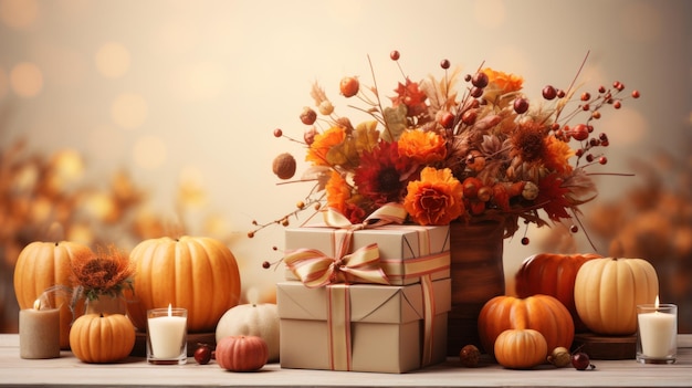 Feliz Dia de Ação de Graças Linda composição de outono com abóboras e caixa de presente na mesa de madeira