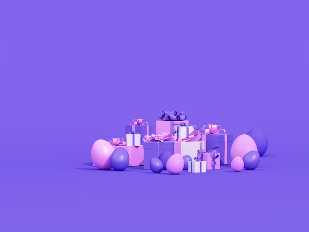 Feliz dia de Páscoa com caixa de presente ovo de Páscua ovo de Pàscoa em fundo roxo pastel renderização 3D